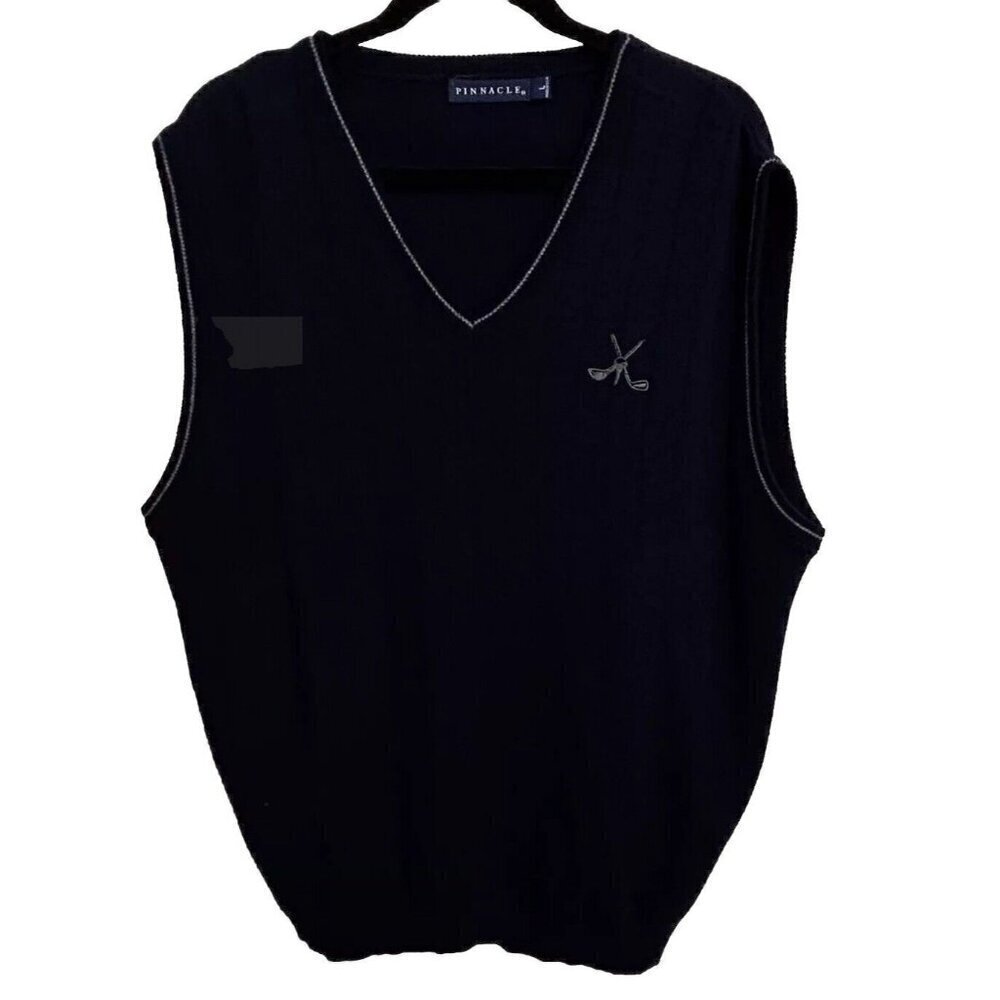 Pinnacle Golf Sweater‎ Vest Mens Large Black Gray Golf Club Logo V Neck Pullover